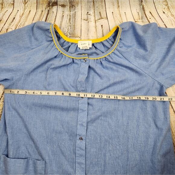 Vintage Vanity Fair House Dress Robe Blue Snap Button Medium Embroidered Pockets - Picture 9 of 10